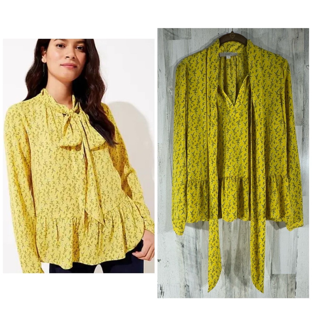 LOFT Peplum Tie Neck Blouse‎ S Yellow Floral Long Sleeve Ruffle Hem Top